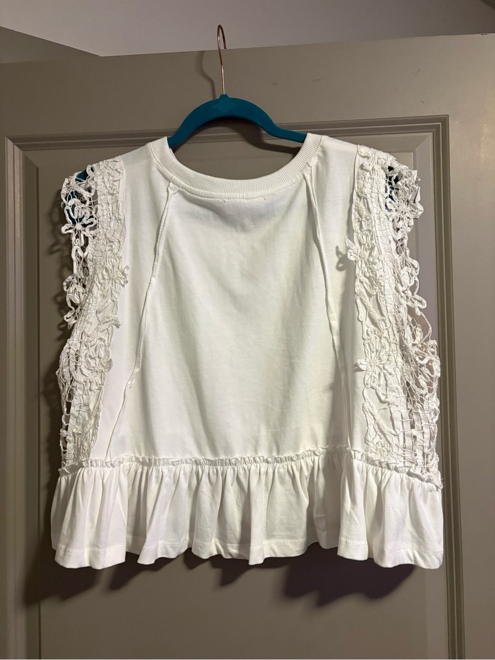 Women's White Crochet Sleeve Ruffle Hem Top